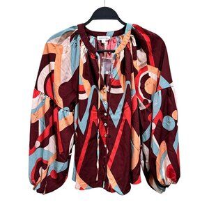 August Sky Blouse Size S Red Brown Blue Mod Geometric Balloon Sleeves Shirt‎ NWT